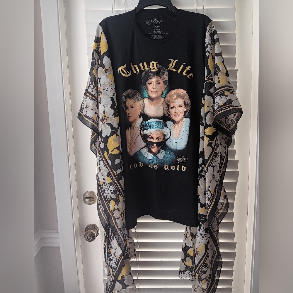 Upcycled Golden Girls Graphic T-Shirt with Floral Kimono Sleeves